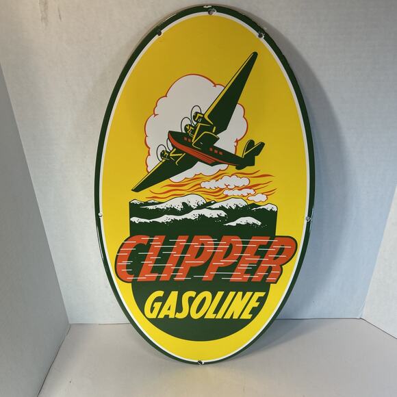 Clipper Gasoline 2-Sided Porcelain Sign 24"x14" Vintage Gas Oil Aviation Plane - Picture 5 of 10